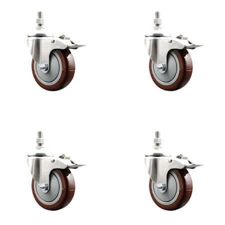 Service Caster 4 Inch 316SS Maroon Polyurethane Swivel 3/8 Inch Stem Caster Set Lock Brake SCC SS316TSTTL20S414-PPUB-MRN-381615-4